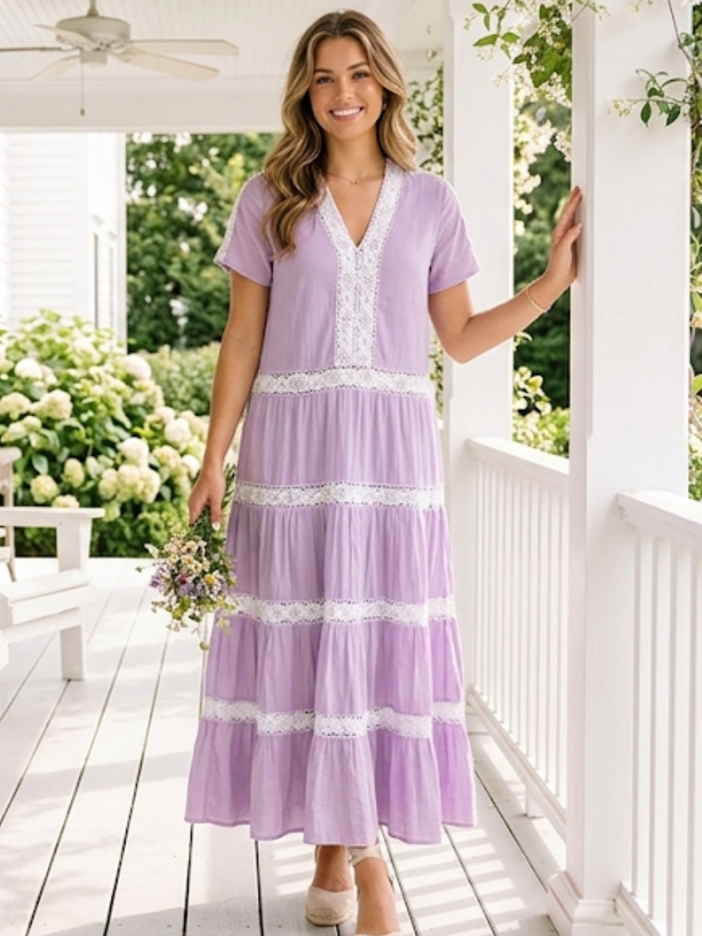 Pink Chicken Lavender Maxi Dress with White Lace Trim